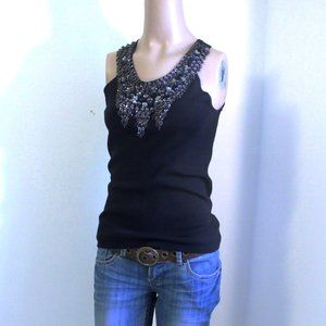 Vintage Joseph A Black Beaded Tank Top Shirt  90s Y2K Size Medium